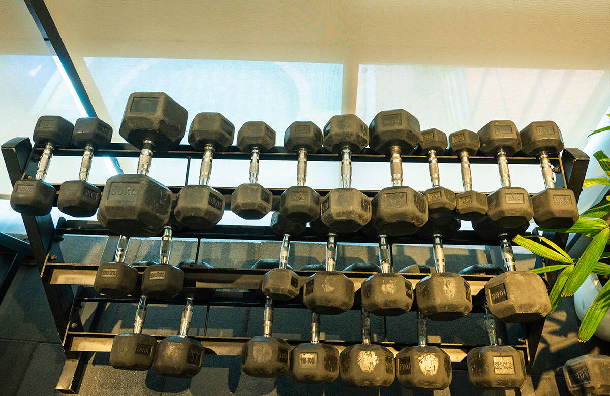 Modern sports facility with athletes training on indoor basketball court and weightlifting area